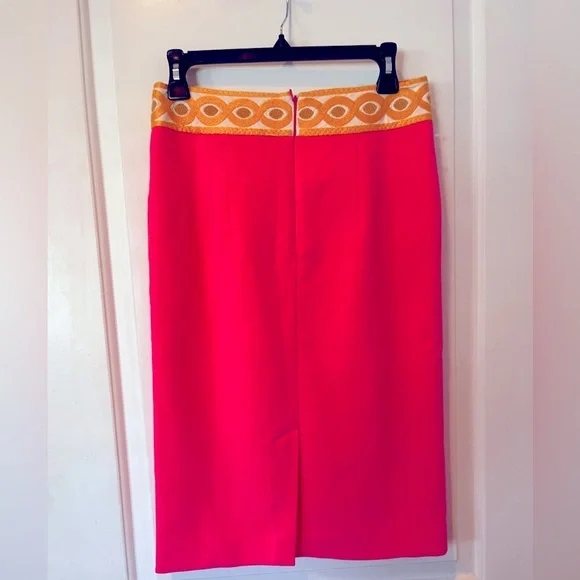 Anthropologie Neon Pink w/ Yellow Embroidery Trim pencil skirt - 6 - Picture 2 of 5